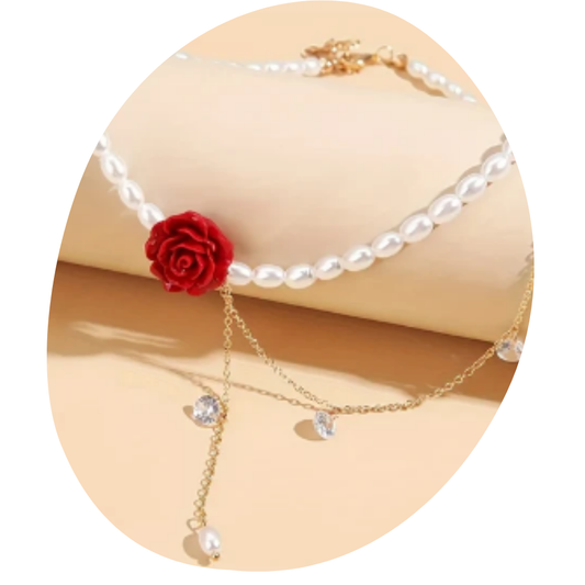 Elegant Red Rose & Faux Pearl Necklace